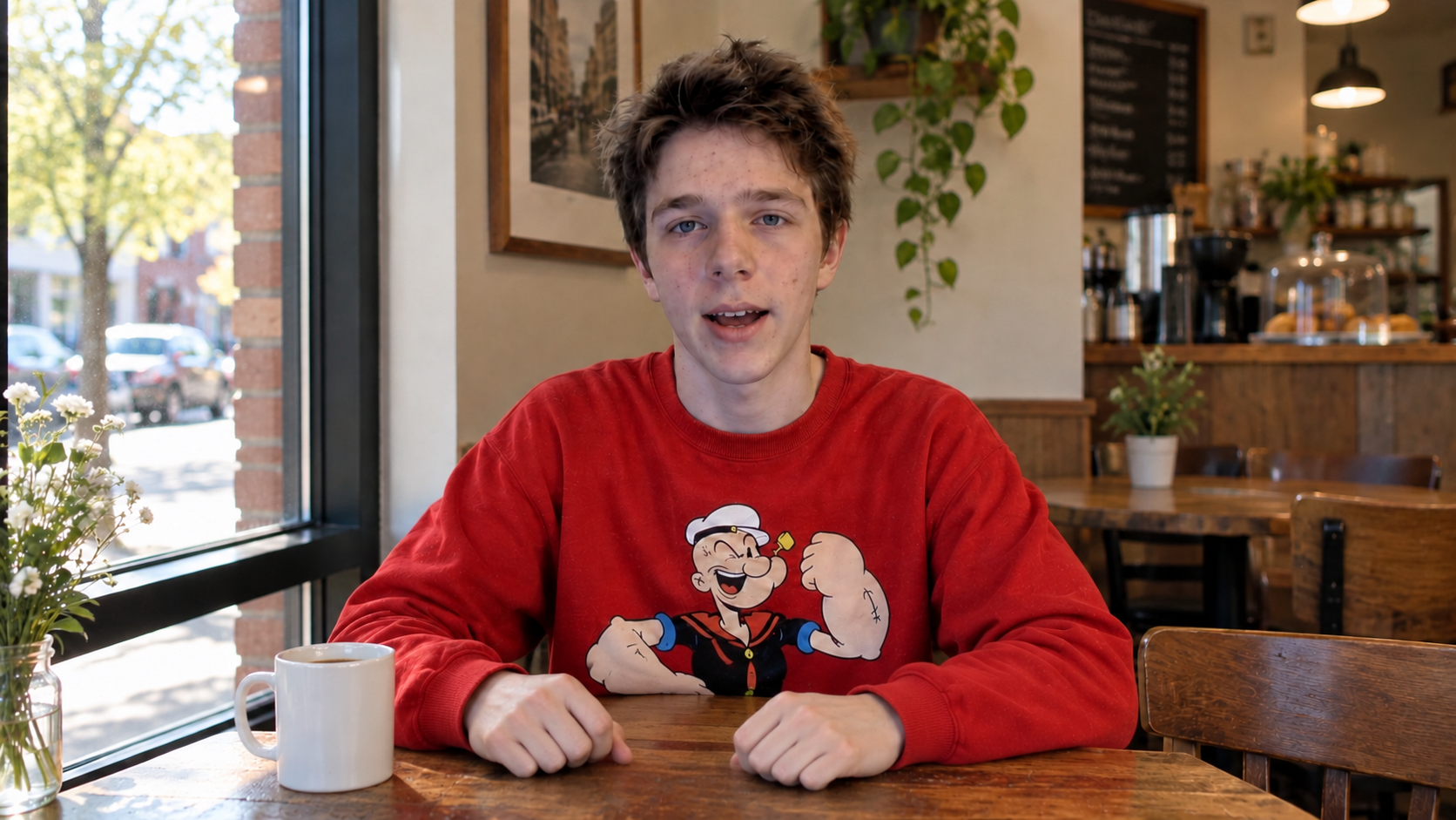 Before: Toby in a red sweatshirt sits at the café table