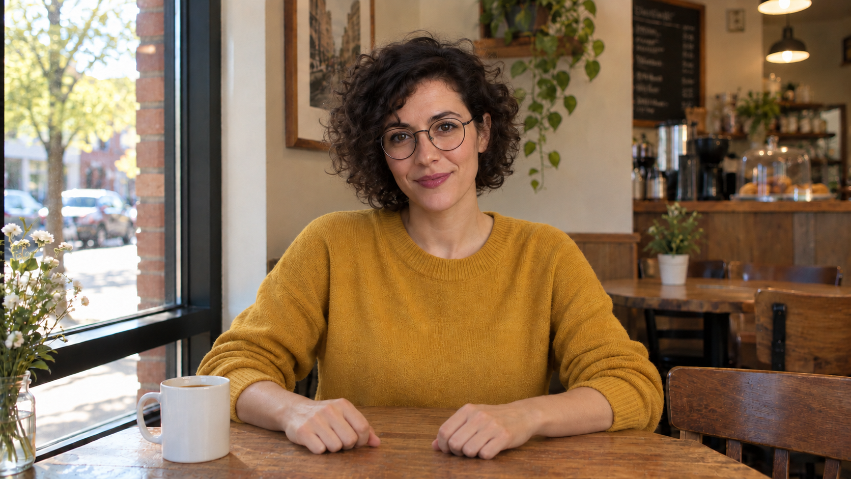 After: the woman with curly hair, glasses and a yellow jumper sits in the same café