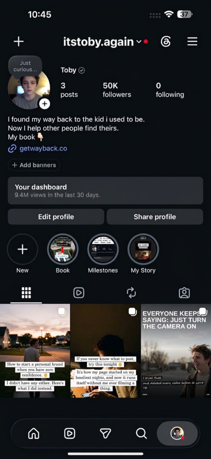 Toby’s Instagram profile showing 50K followers and 9.4M views in the last 30 days