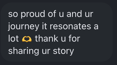Actual message screenshot: Thank you for sharing your story. Personal details hidden.