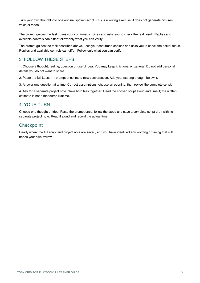 Actual page from the Lesson 1 written guide showing numbered steps, a practice task and a checkpoint