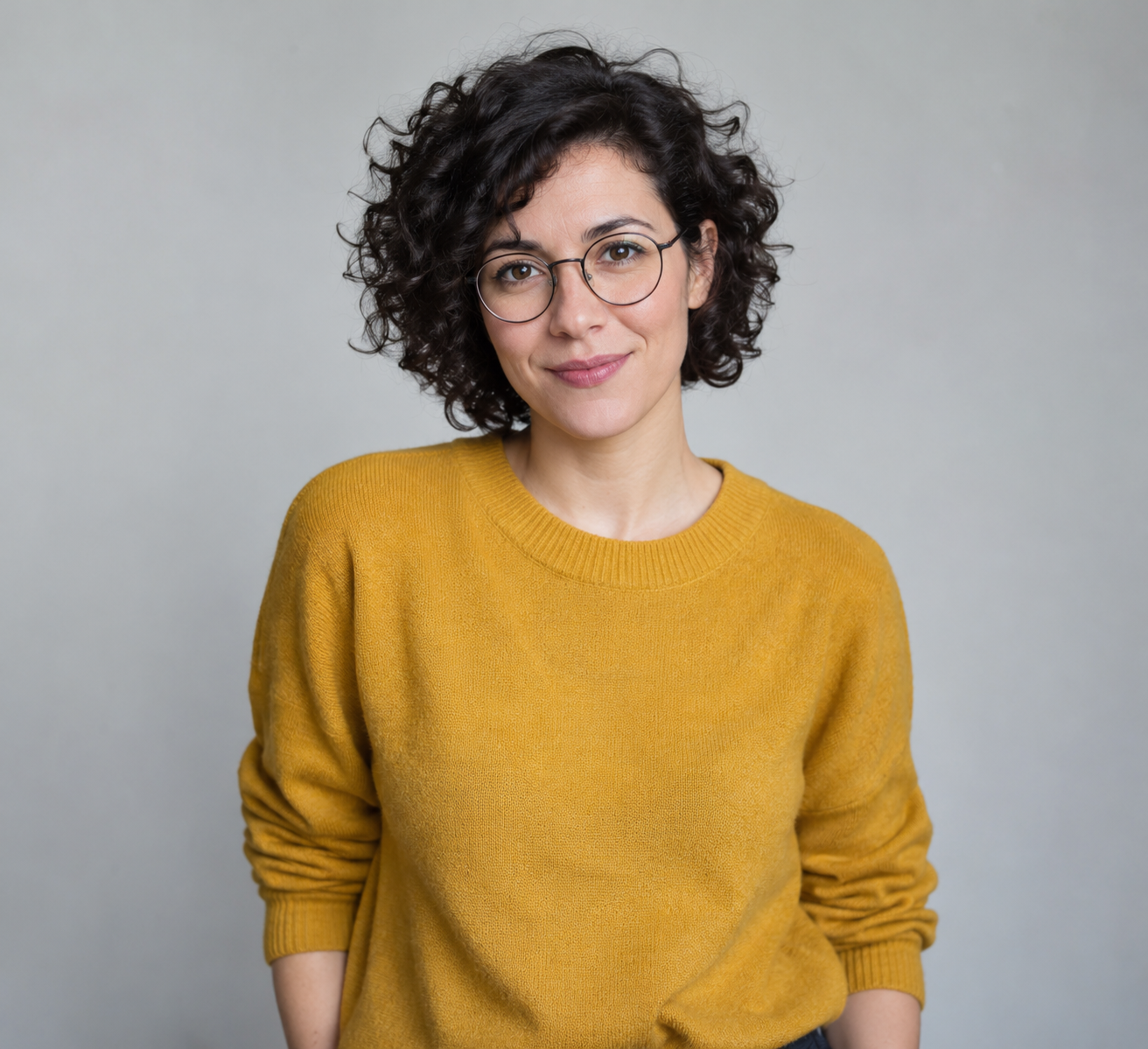 Character reference: woman with short curly hair, round glasses and a mustard jumper